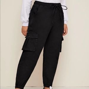 Black denim cargo joggers